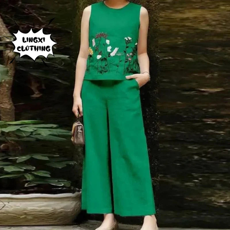Women's Cotton and Hemp Two Piece Set Loose Elegant Sleeveless Commuter Outfit with Embroidery