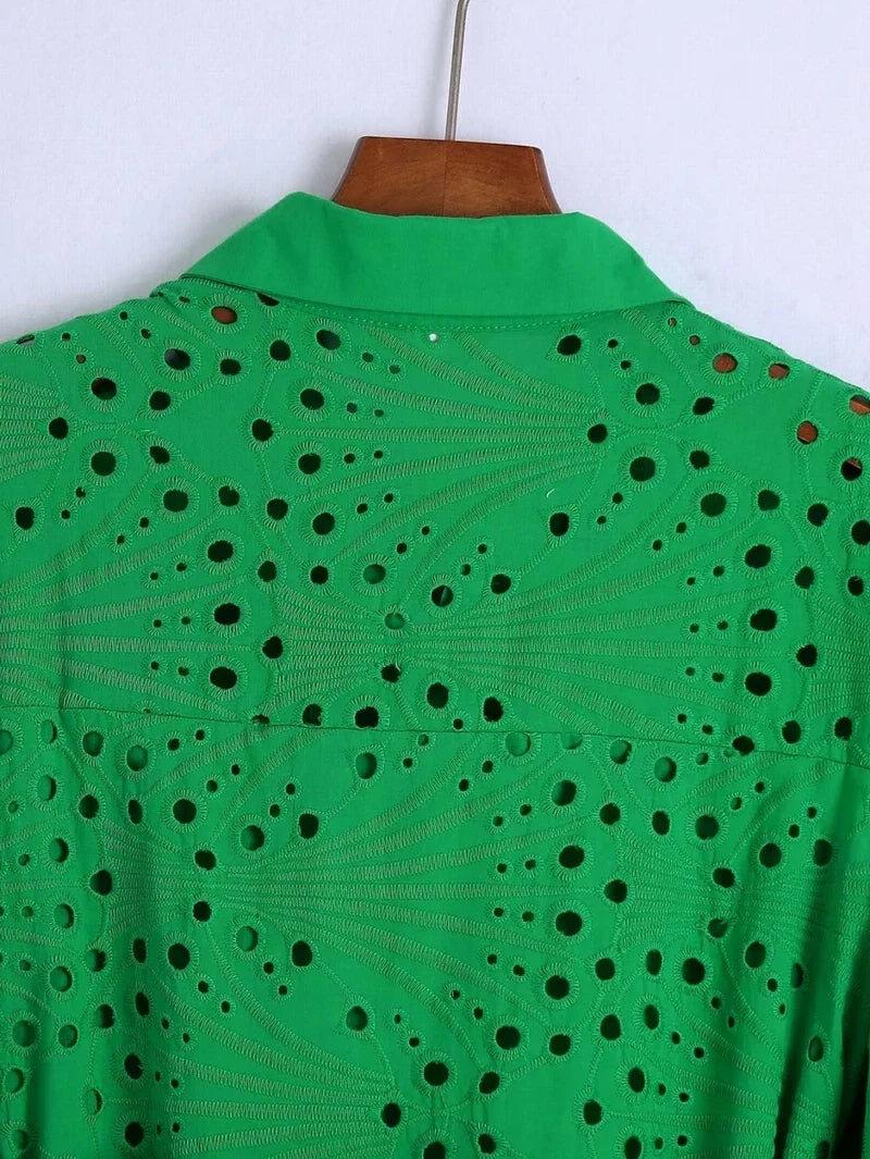 Lace Belted Dress With Eyelet Embroidery Cutout Design