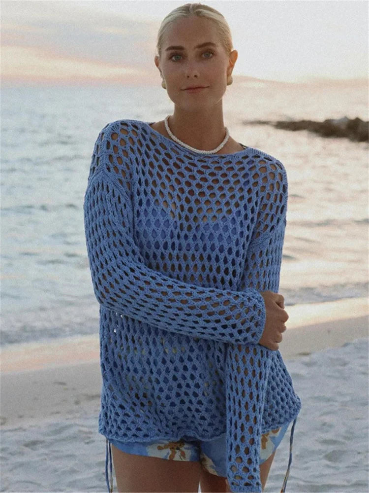 Knit Hollow Out Beach Cover Up Dress See Through For Women