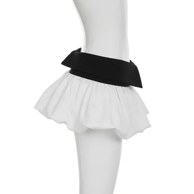 Slim Contrast Color Two-Piece Dress Set for Women Bandage Slash Neck Halter Top with Low-Waisted A-Line Skirt Elegant Sweet Casual Outfit