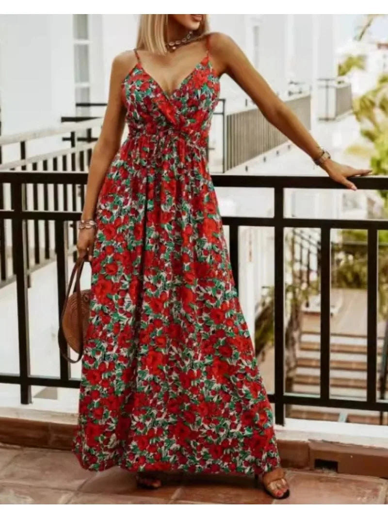 Bohemian Floral Chiffon Summer Dress With V Neckline