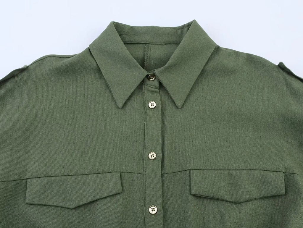 Women's Blended Lace-Up Lapel Shirt Short-Sleeve Single-Breasted Waist Pocket Casual Chic Top for Spring and Summer