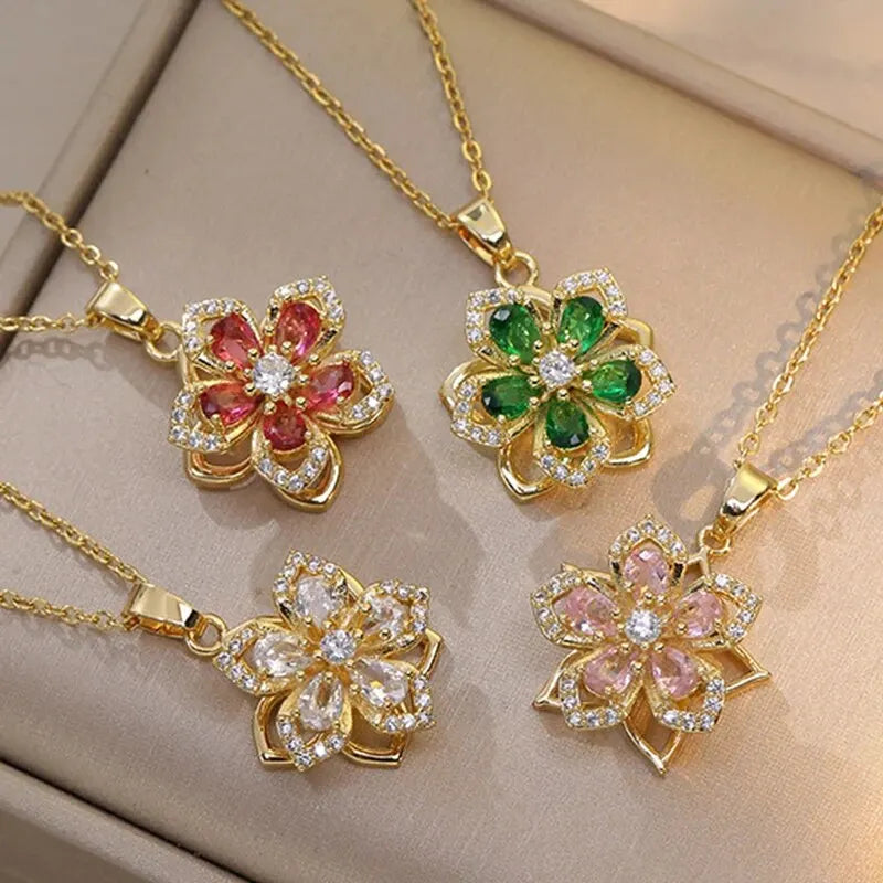 Gold Color Zircon Flower Pendant Necklace for Women Elegant Party Jewelry Gifts