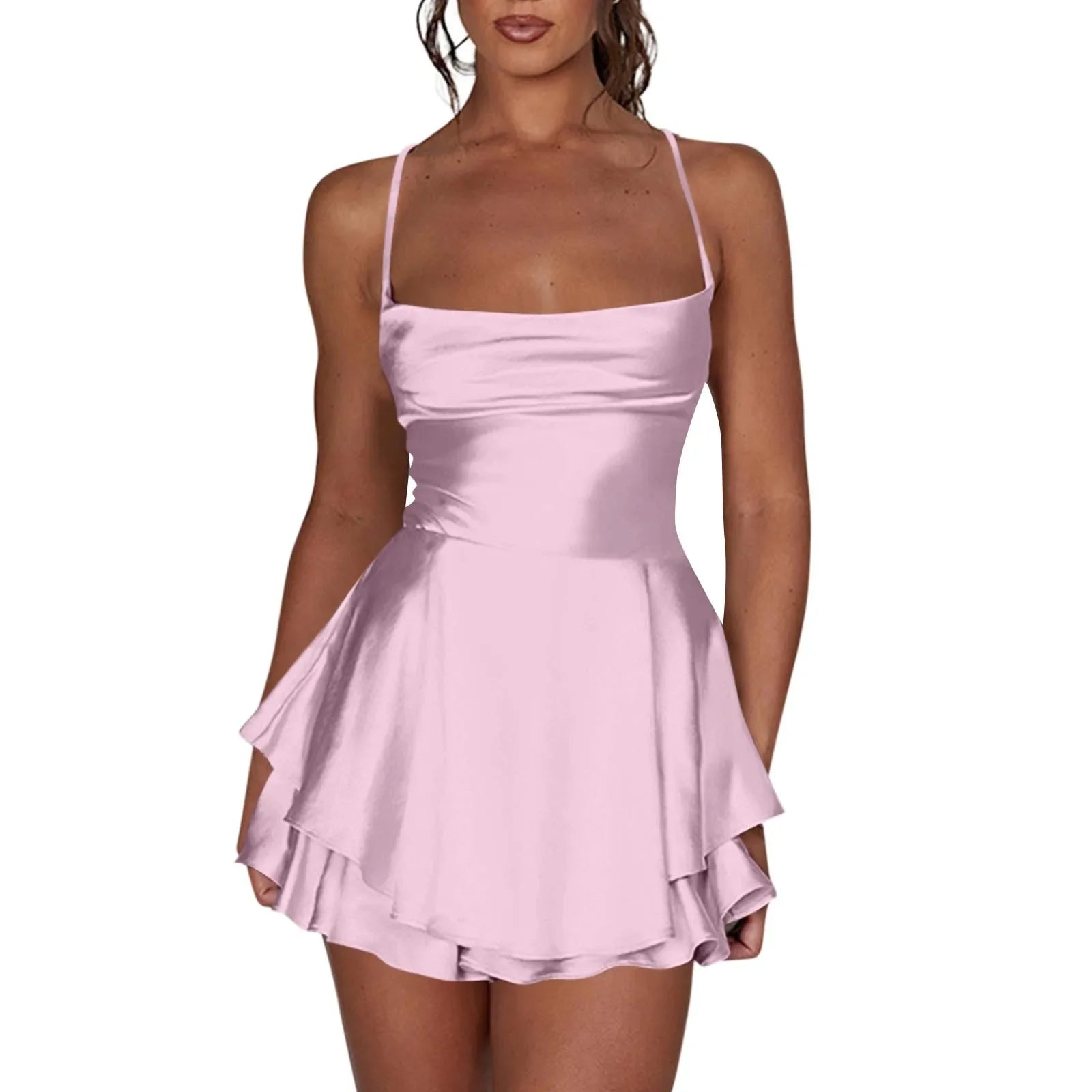 Backless Satin Party Dress With Cowl Neck Spaghetti Straps