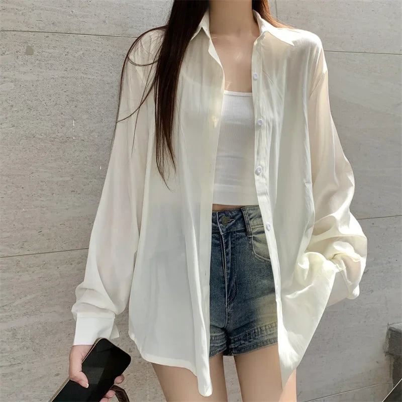Silky Oversize Button Down Shirt for Women Long Sleeve Boyfriend Blouse Lightweight Summer Cover Up Casual Teen Girl Outfit