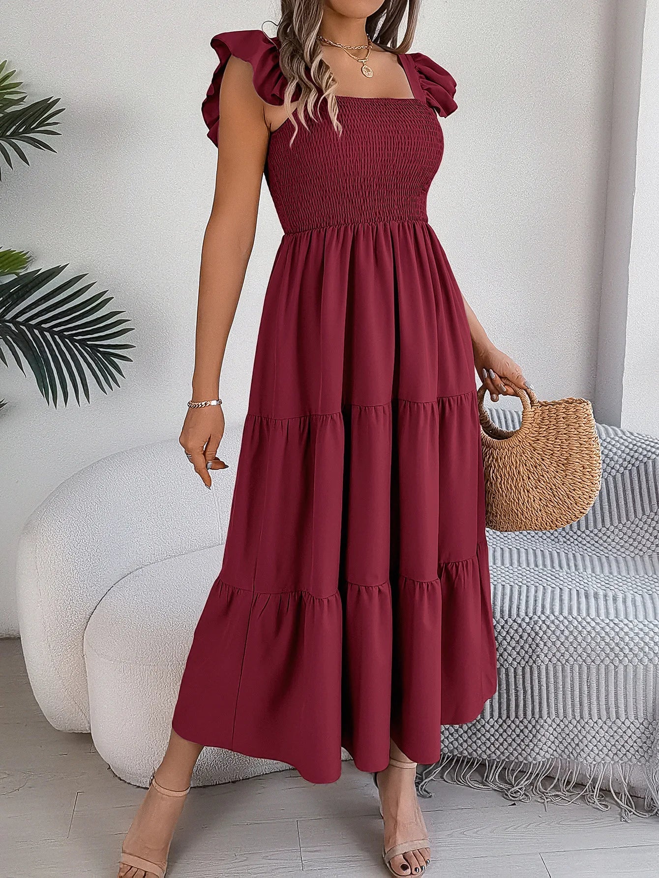 Square Neck Maxi Dress for Women Solid Summer Color