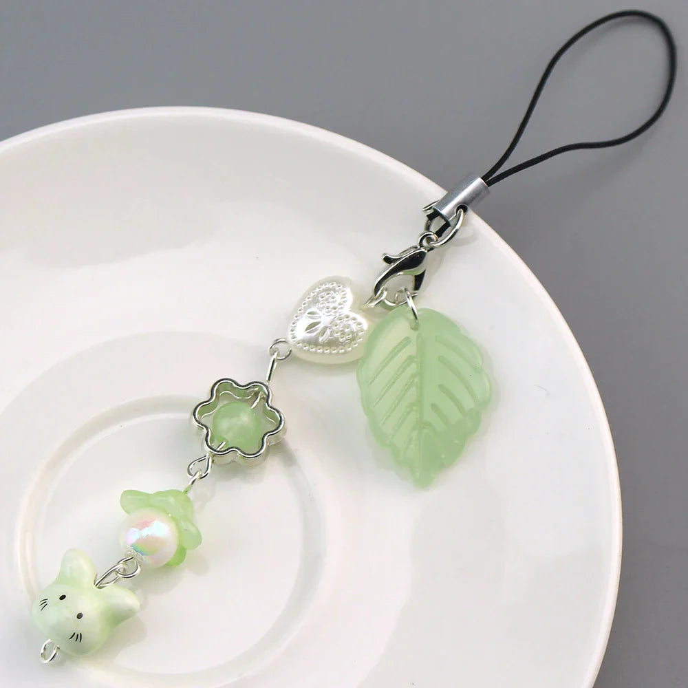 Handmade Four Leaf Clover Beaded Phone Charm Cute Cat Totoro Keychain Cybercore Cell Phone Chain Pendant Bag Decor