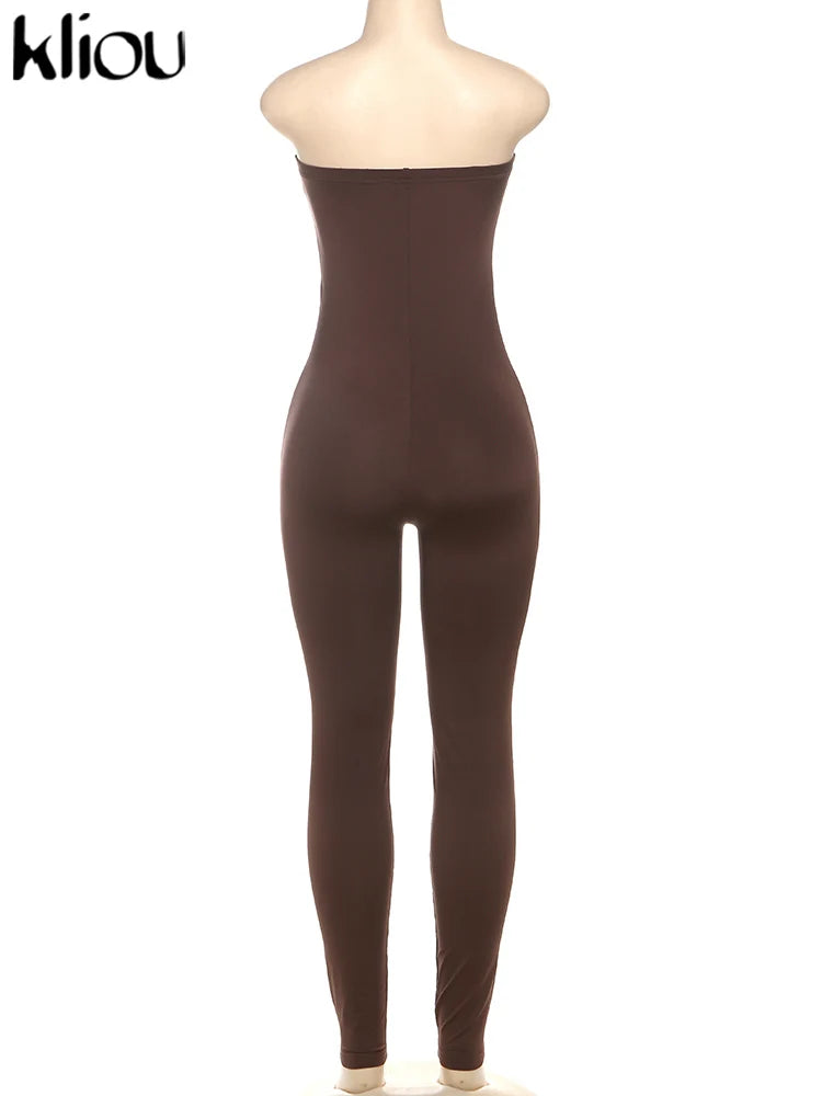 Strapless Casual Women Jumpsuit Slim Sleeveless Elastic Waist Solid Color Overalls Chic Daily Activewear