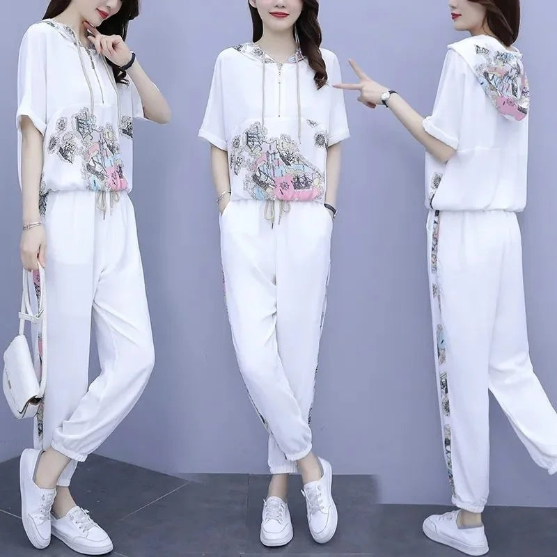 Women's Casual Two Piece Set with Hooded T-Shirt and Contrast Printed Pants for Spring and Summer Fashion