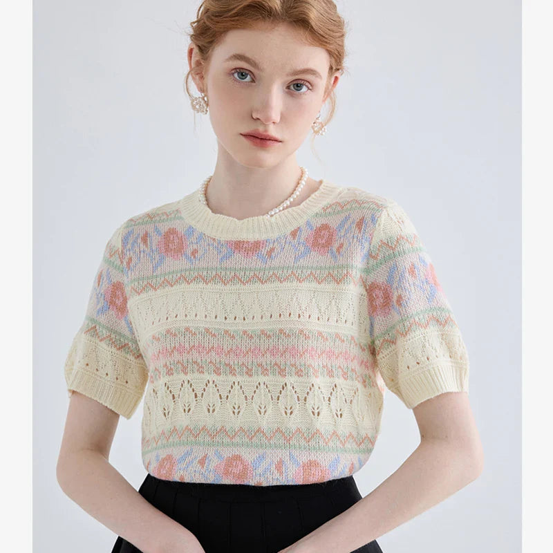 Women Striped Printed Casual T-Shirt with Hollow Out Short Sleeves and O-Neck Design