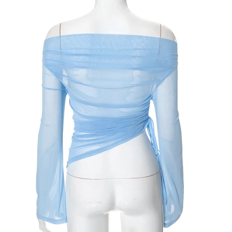 Solid Color Long Sleeve One Shoulder Mesh Top for Women - Stylish See Through Pleated Casual Autumn T-Shirt