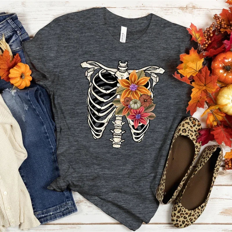 Halloween Skeleton Graphic Tee for Women with Flower Spine Design