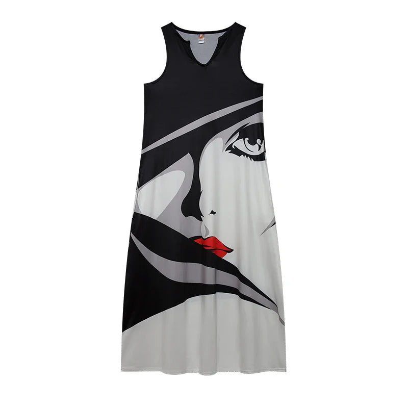 Retro Letter Print Sleeveless Dress With V Neck Style