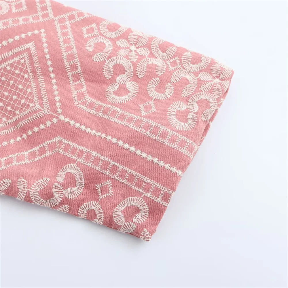 V-Neck Embroidered Kimono Style Mid-Length Windbreaker and High Waisted Straight Leg Pants Set for Women