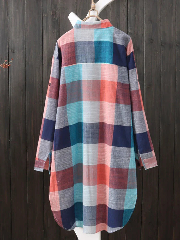 Casual Plaid Linen Cotton Long Sleeve Blouse Mid Length Loose Button Down Shirt for Women Autumn and Winter Fashion