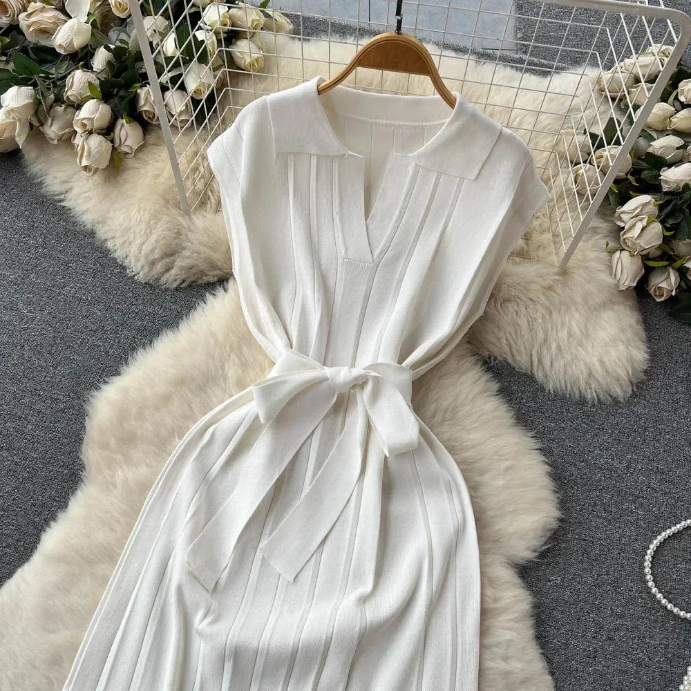 Solid Pleated Knitted Dress For Women Loose Fit Maxi