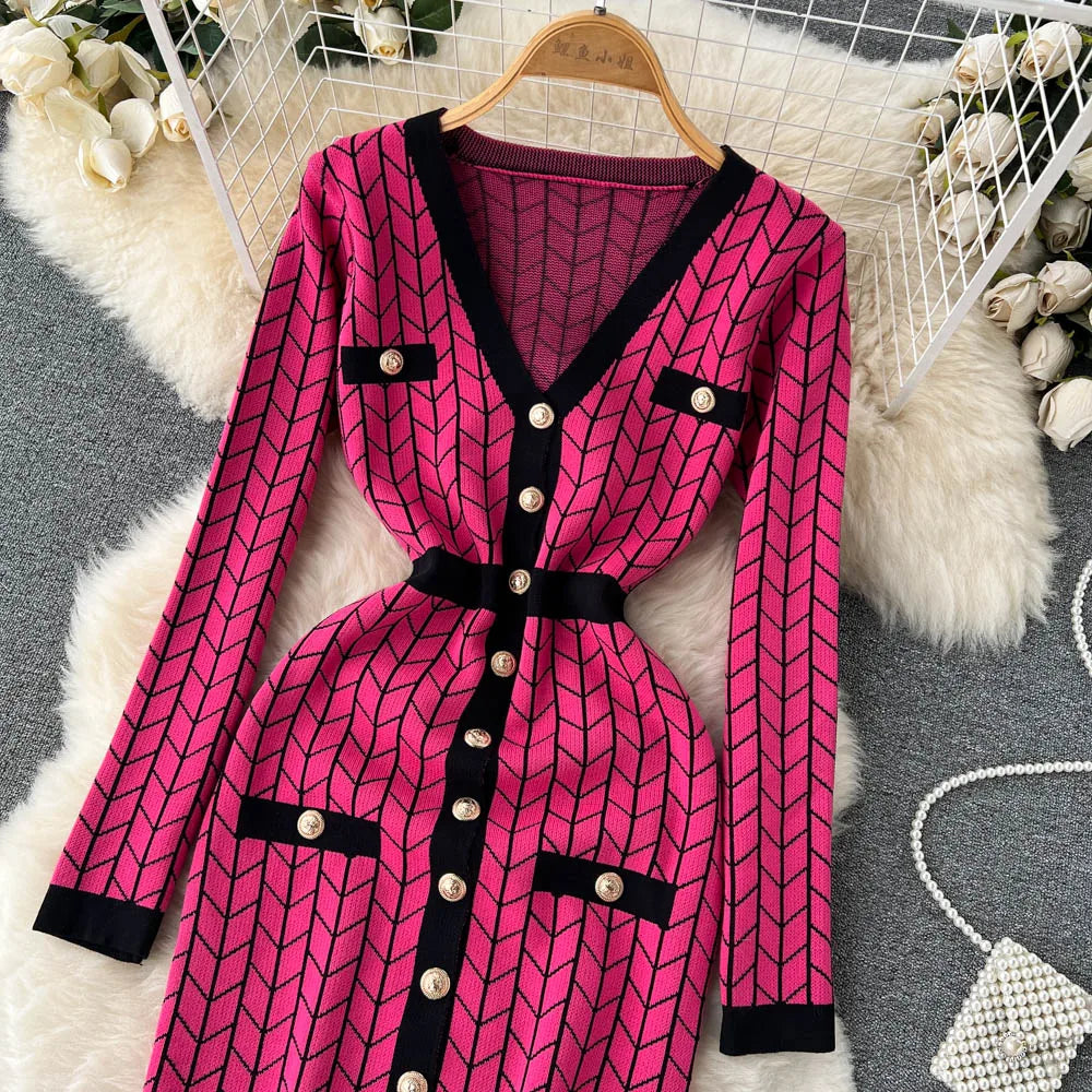 Autumn Plaid Knit Dress Women V Neck Elastic Waist Midi