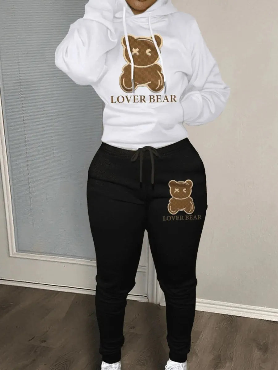Cozy Plus Size Women's Autumn Winter Cartoon Bear Print Hooded Sweater and Woolen Pants Lounge Set