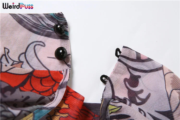 Women's Backless Dragon Print See-Through Jumpsuit Slim Stretch Short Sleeve Workout Overalls Clubwear