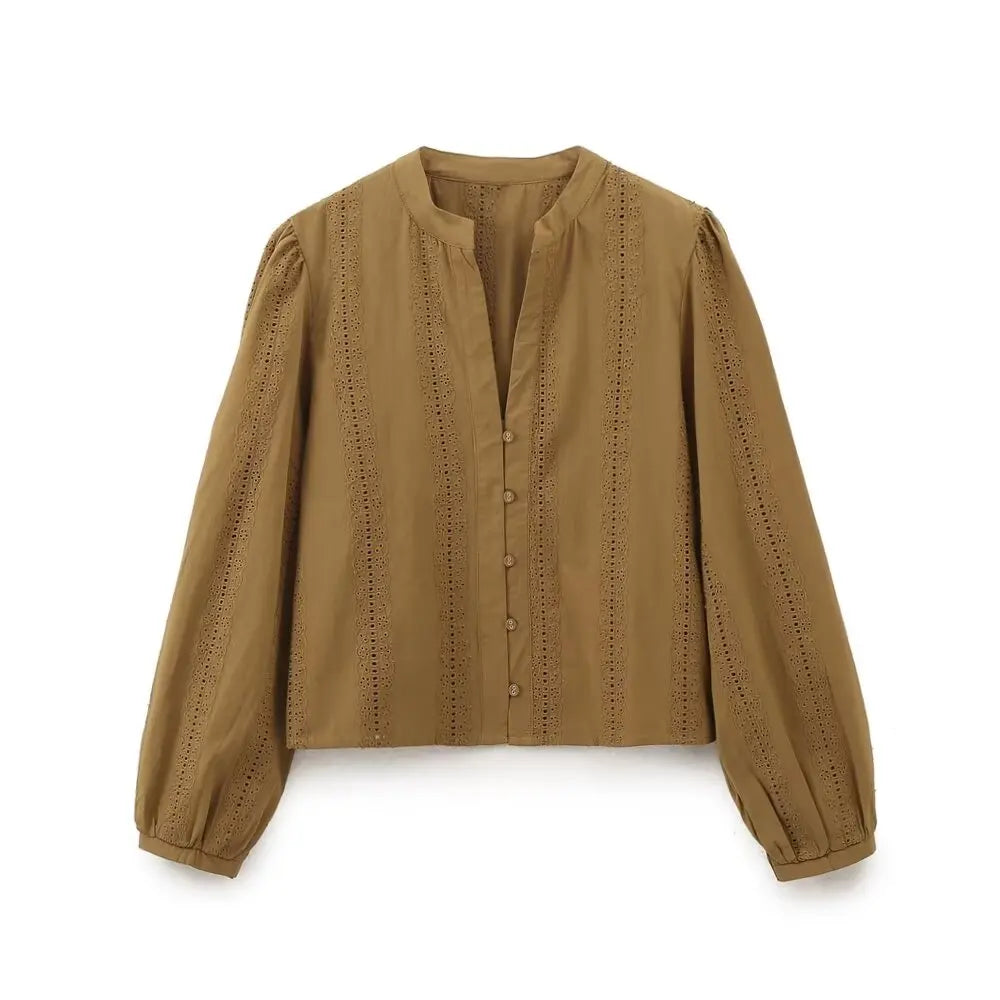 Womens Retro Casual Cotton Shirt Long Sleeve Embroidered Hollow Round Neck Lapel Top for Autumn
