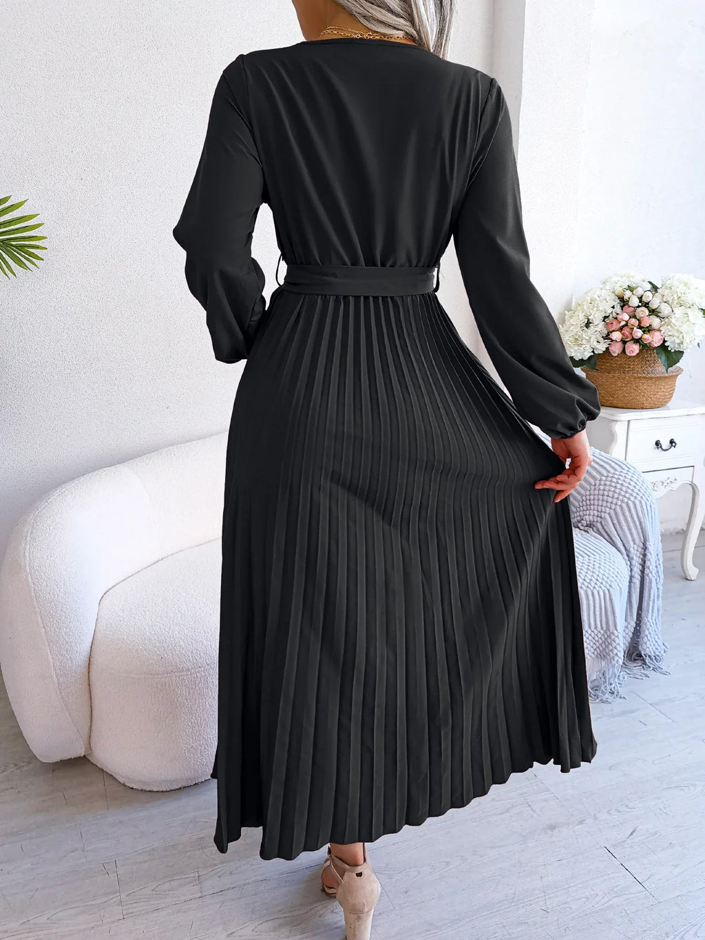 Elegant Surplice Neck Pleated Maxi Dress With Belt Flair