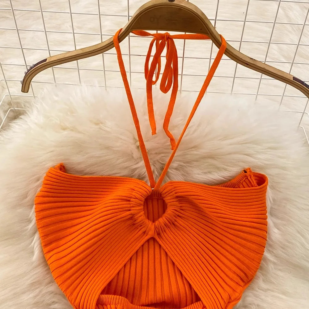 Y2K Knitted Halter Bodycon Dress For Party Streetwear