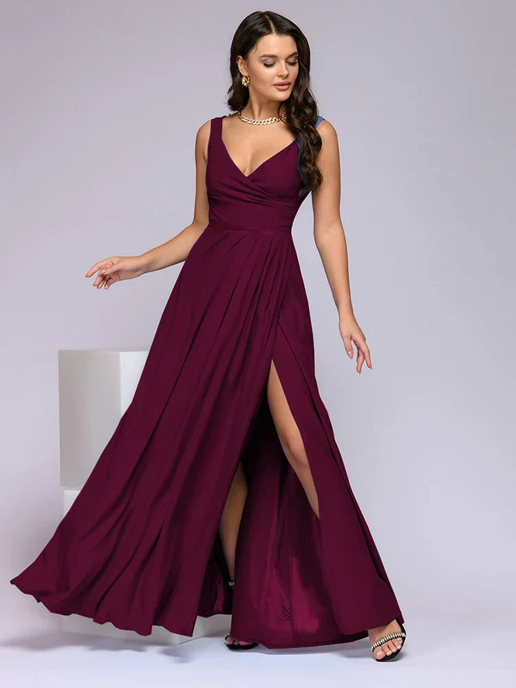 Deep V Neck Sleeveless Maxi Dress With Slit High Waist