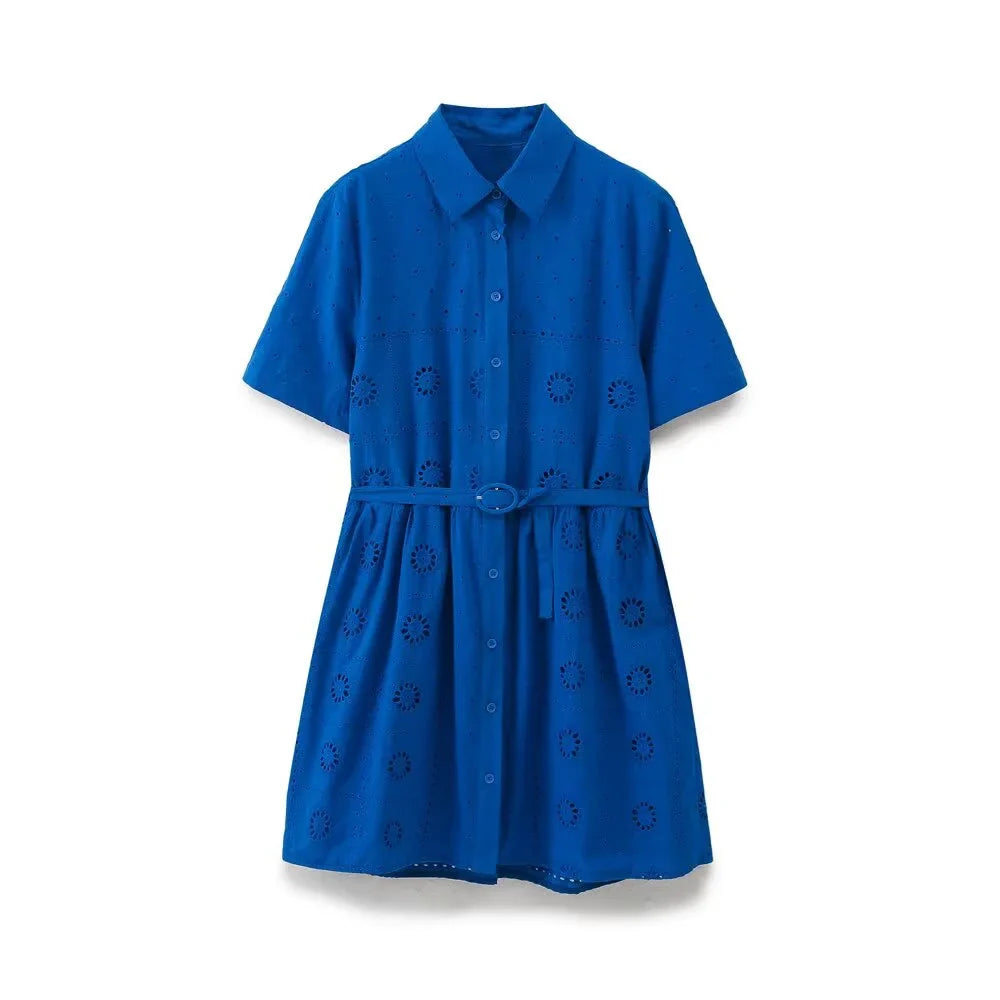 Solid Color Shirt Dress With Belt and Collar Buckle