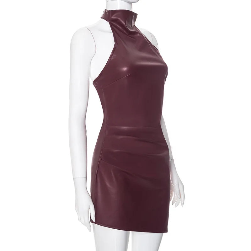 Women's PU Leather Halter Neck Back Dress Slim Fit Spring