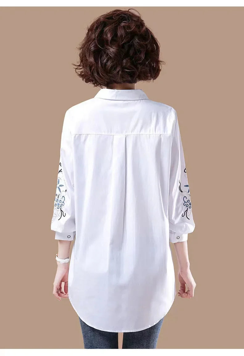 Vintage Embroidered White Cotton Button Up Shirt Comfortable Casual Long Sleeve Loose Fit Blouse for Women
