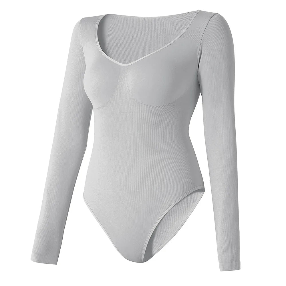 Sexy Long Sleeve Bodysuit for Women Skinny Bodycon V-Neck Push Up Romper Streetwear Jumpsuit