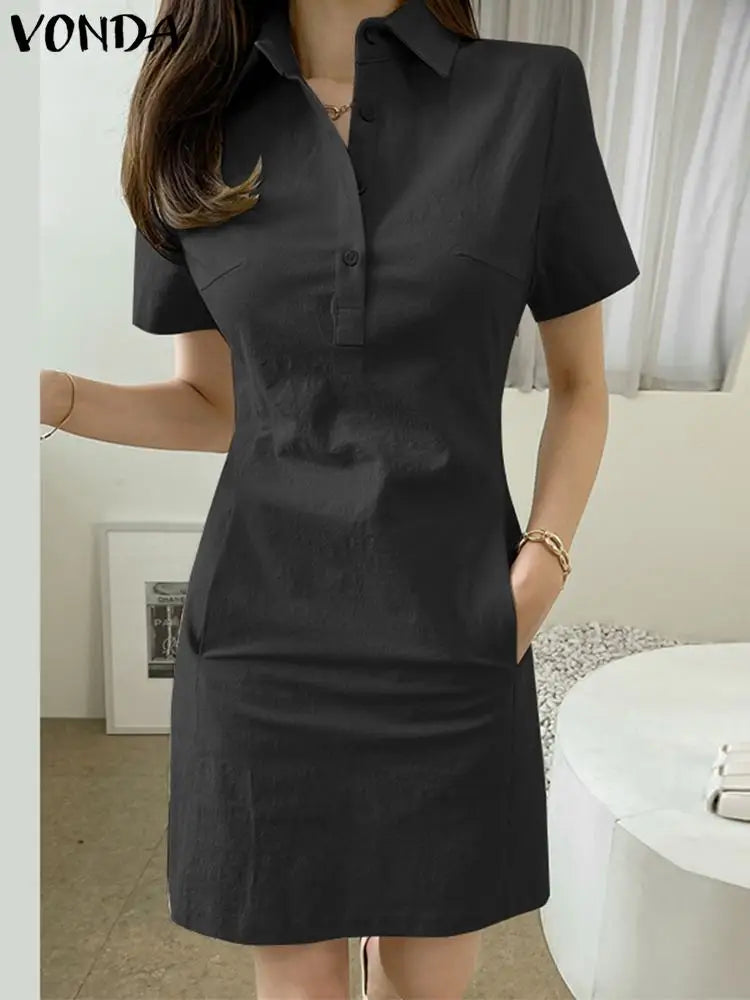 Summer Mini Dress Women Short Sleeve Solid Color Sundress
