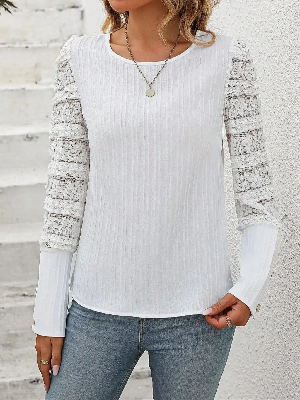 Elegant Women's Small Round Neck Long Sleeve Lace Patchwork Hollow Casual Shirt