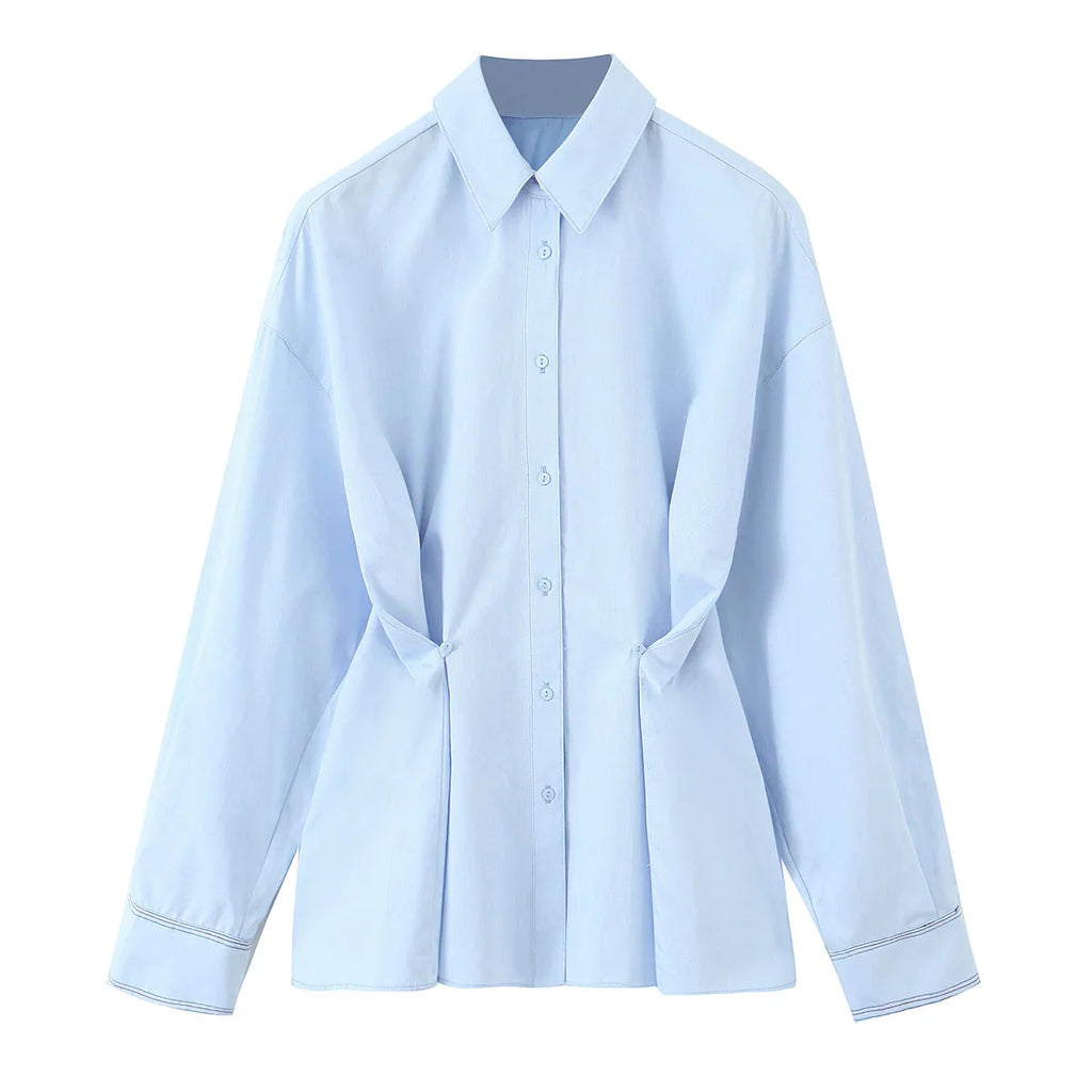 Women's Casual Waist Button-Up Shirt Long Sleeve Lapel Solid Color Slim Fit Spring Blouse