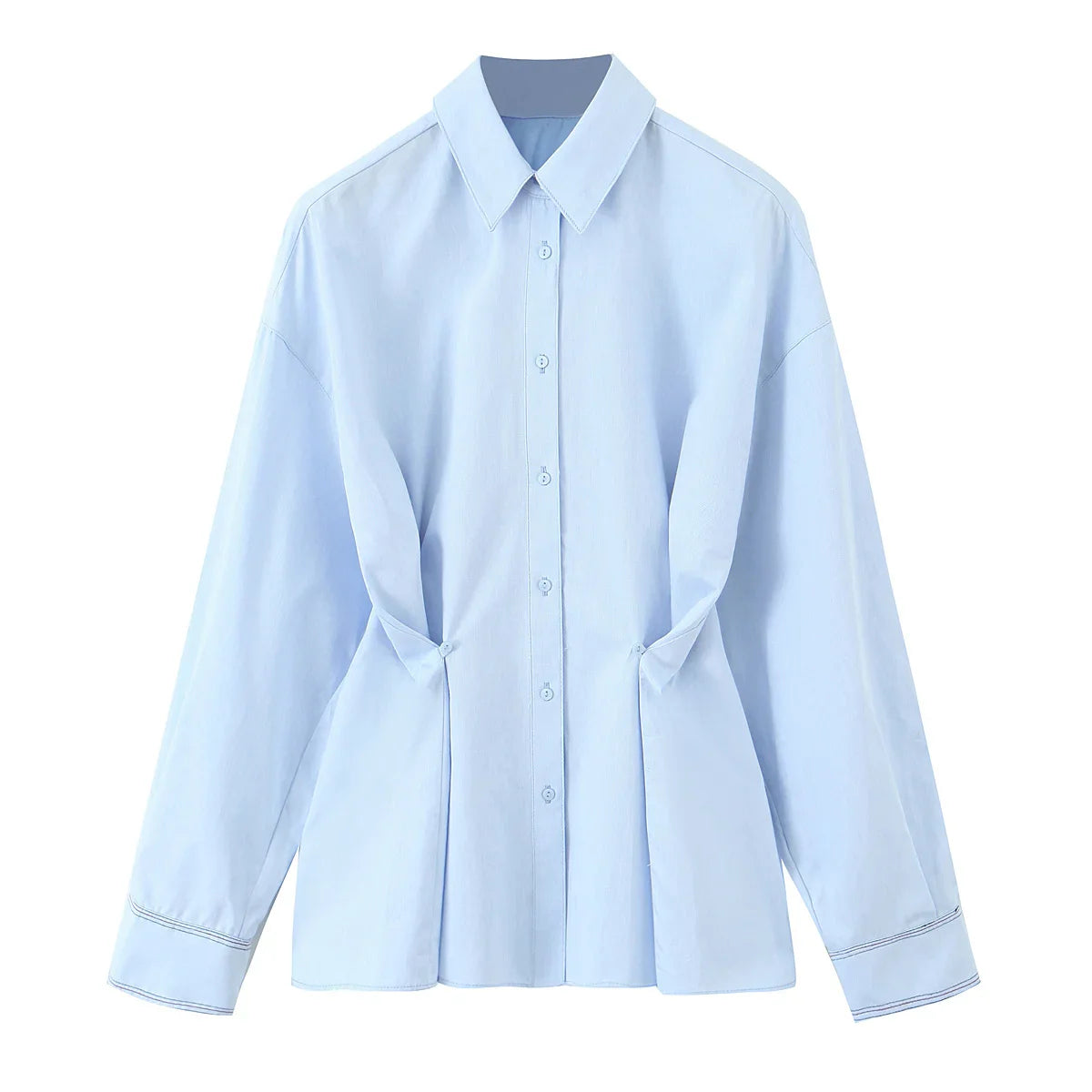 Women's Casual Waist Button-Up Shirt Long Sleeve Lapel Solid Color Slim Fit Spring Blouse