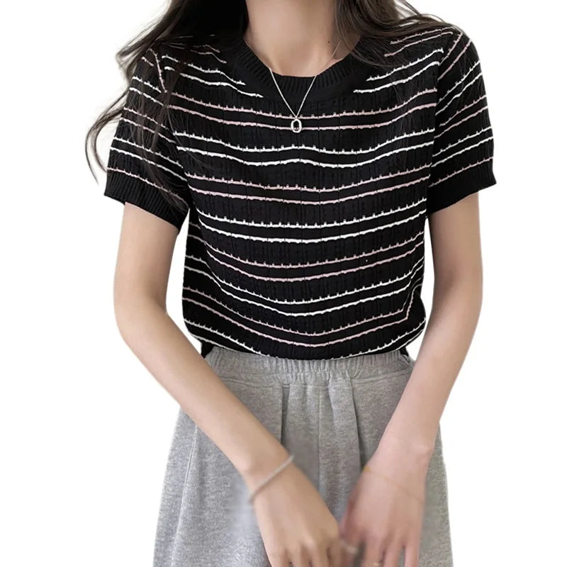 Summer Striped Women's Knitted Crop Top Casual O-Neck Short Sleeve T-Shirt Preppy Style Tees