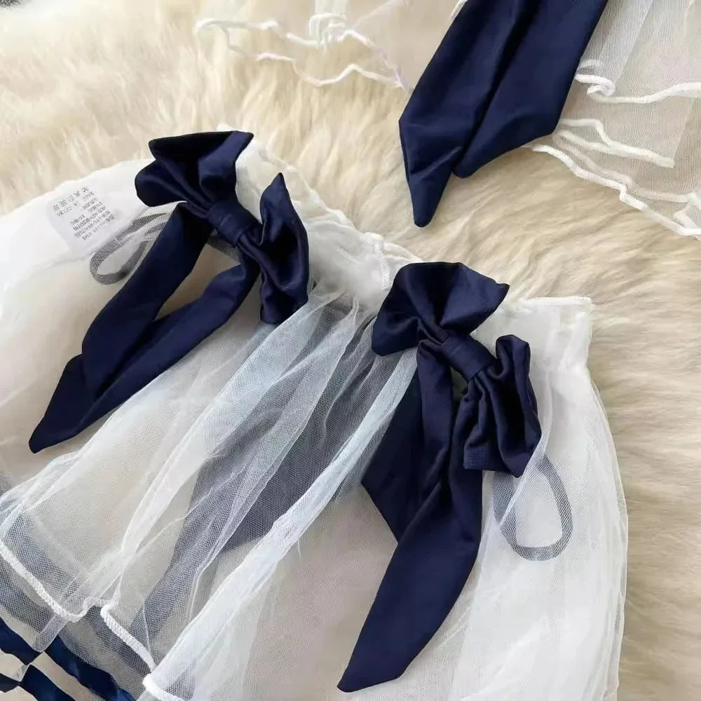 Women's Sexy Transparent Sailor Student Uniform Cosplay Costume Sheer Bowknot Stripe Patchwork Top with Mini Skirt Two-Piece Set
