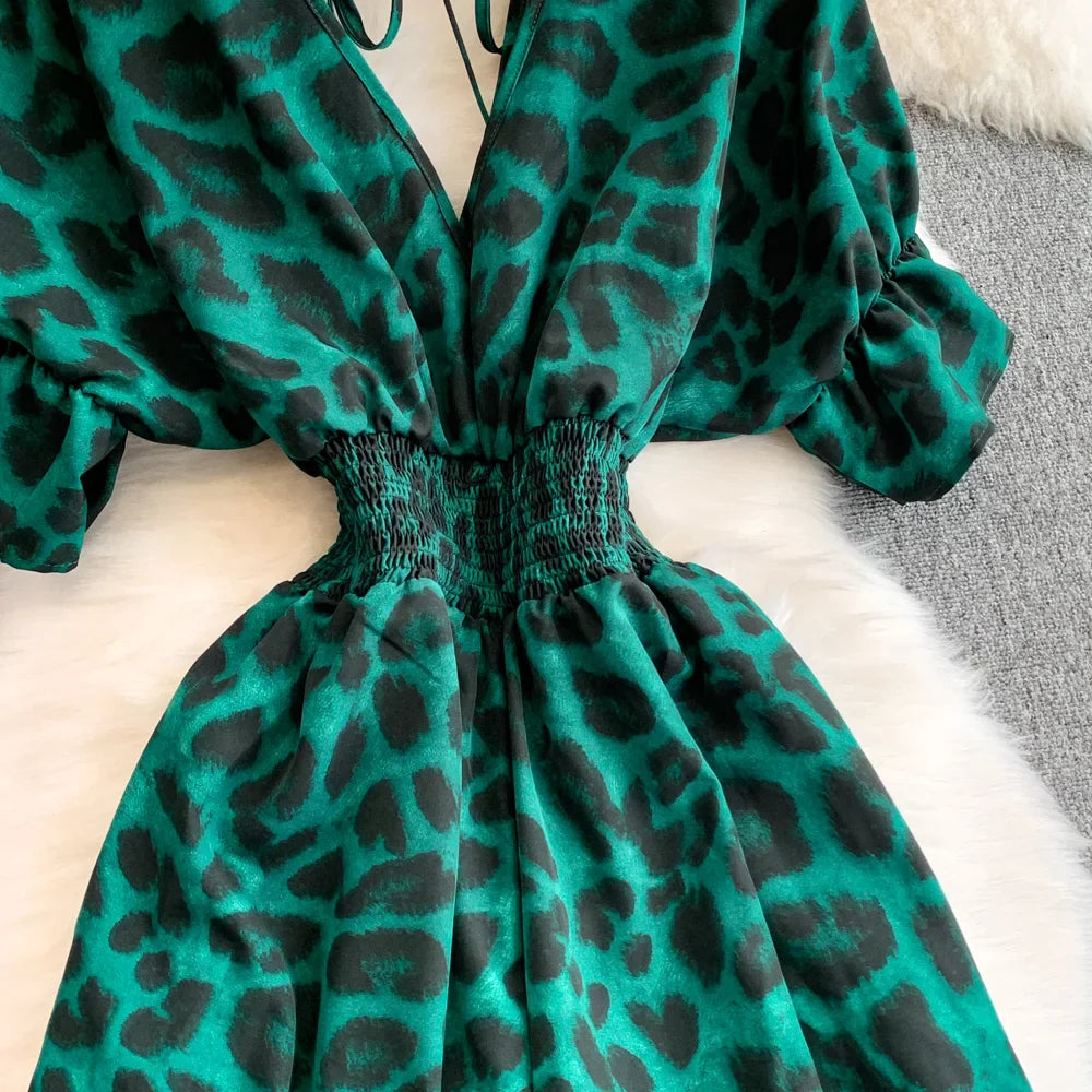 Women's Summer V-Neck Leopard Print Lace-Up Jumpsuit Short Sleeve Loose Fit Playsuit Overalls with Elegant Ruffle Detail