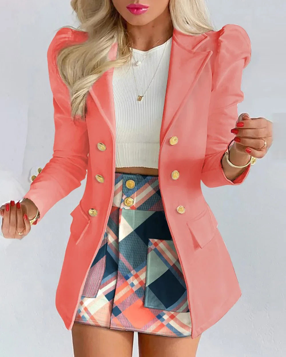 Elegant Plaid Two-Piece Mini Dress Set for Women Casual Chic Skirt and Jacket Outfit Spring Autumn Fashion