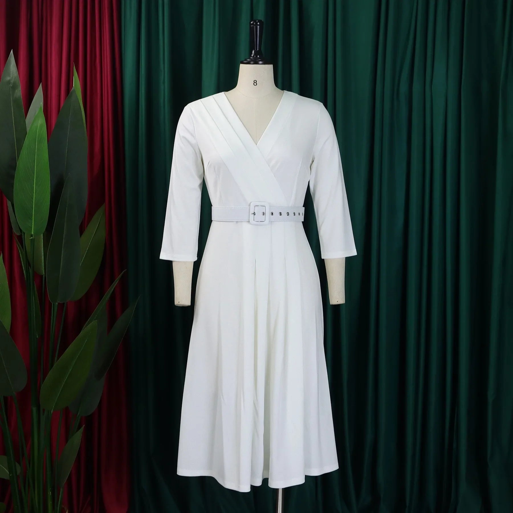 V Neck Office Dress For Women Belted Pleated Mid Calf