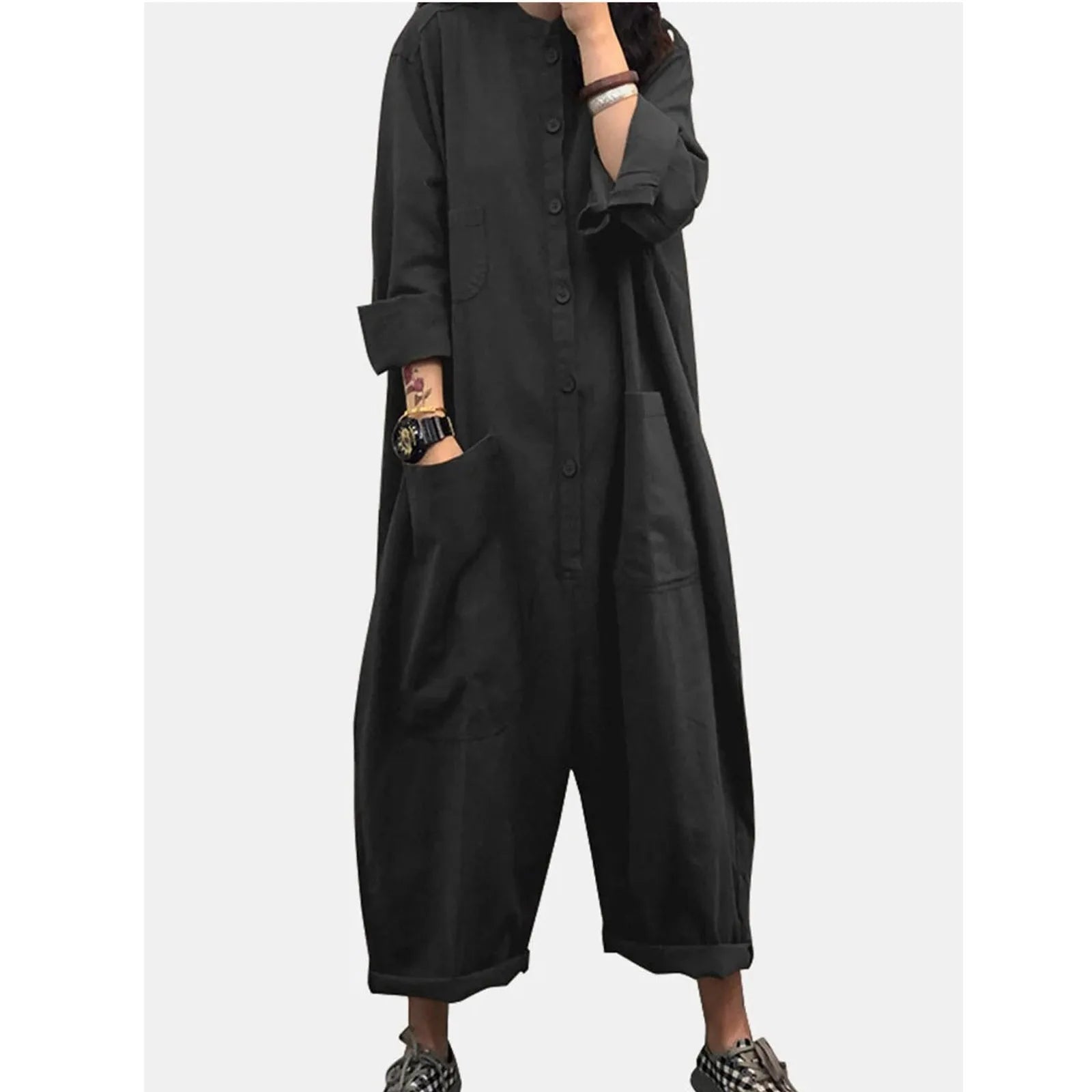 Women Oversized Casual Jumpsuit with Pockets Loose Fit Long Sleeve Romper Solid Color Stand Collar Overalls for Autumn