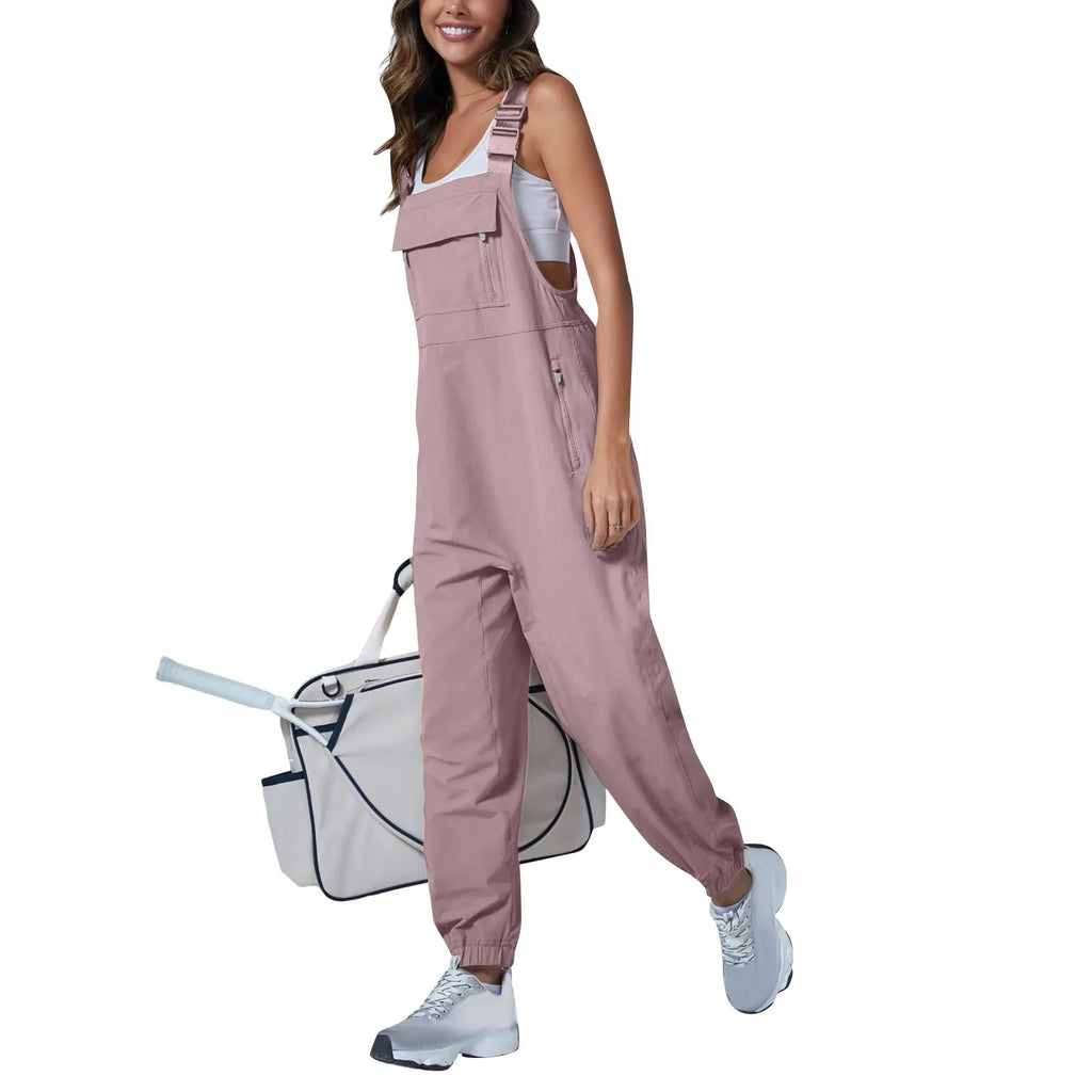 Women's Summer Casual Loose Wide Leg Jumpsuit with Adjustable Straps Pockets and Retro Button Detail Solid Color Sleeveless Overalls