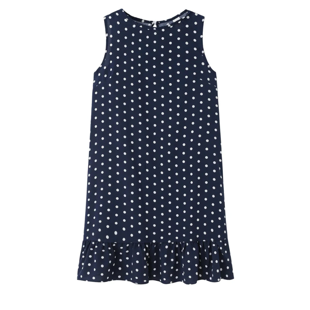 Polka Dot Dress Ruffled Sleeveless Women Round Neck