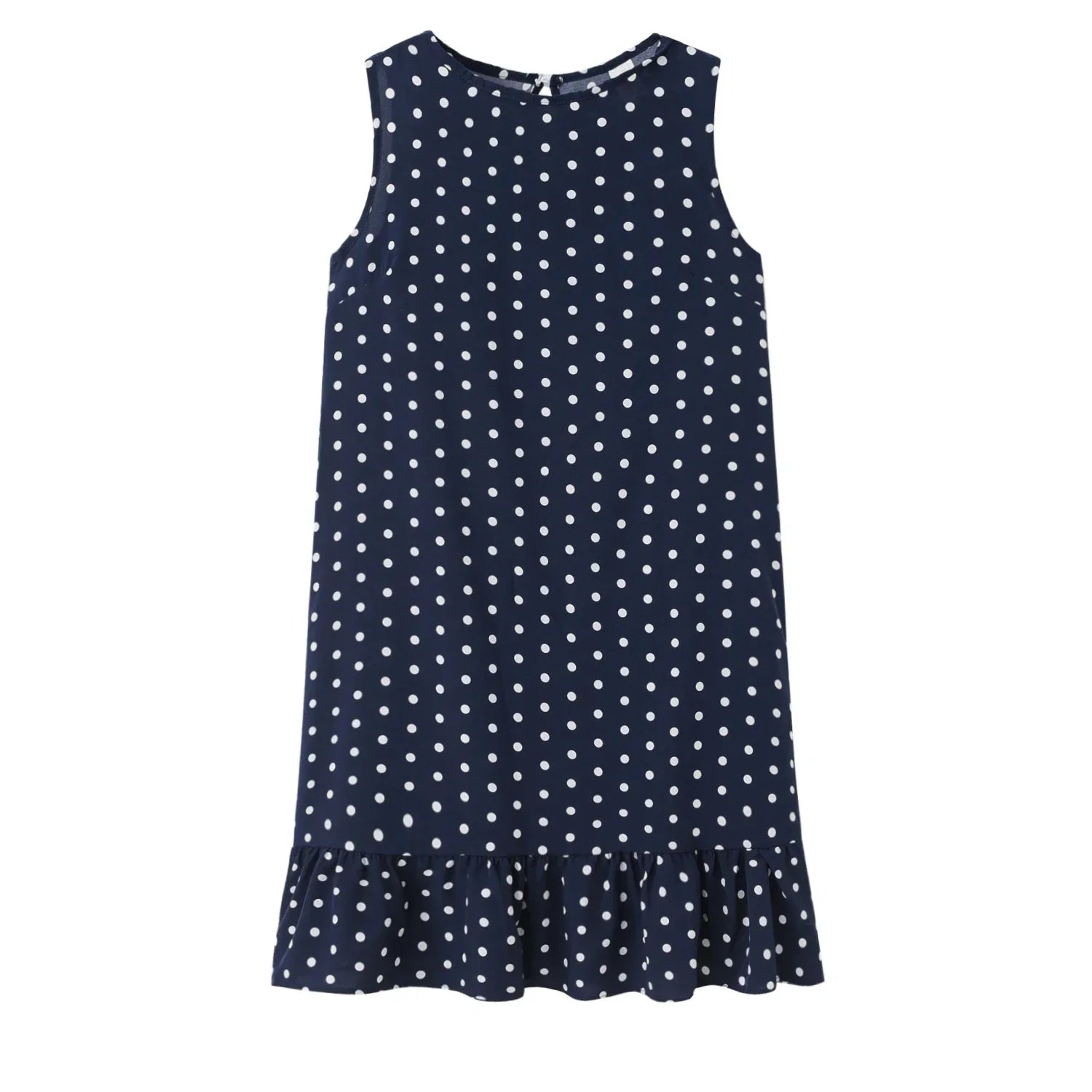 Polka Dot Dress Ruffled Sleeveless Women Round Neck