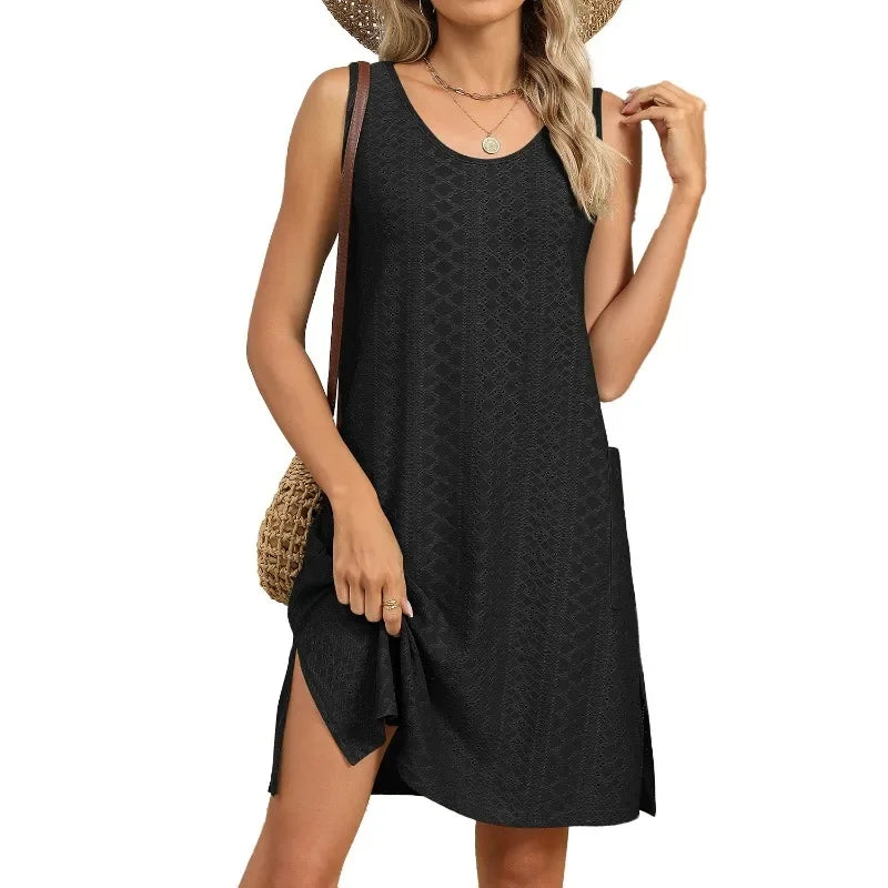 Loose Sleeveless Dress With Pockets Round Neck Solid Color
