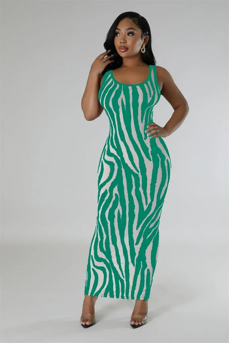Zebra Print Bodycon Maxi Dress Ruched Sleeveless Party