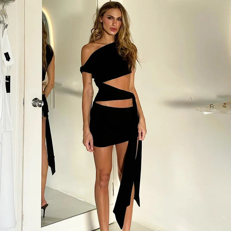 Strapless Hollow Out Short Summer Dress With Oblique Collar