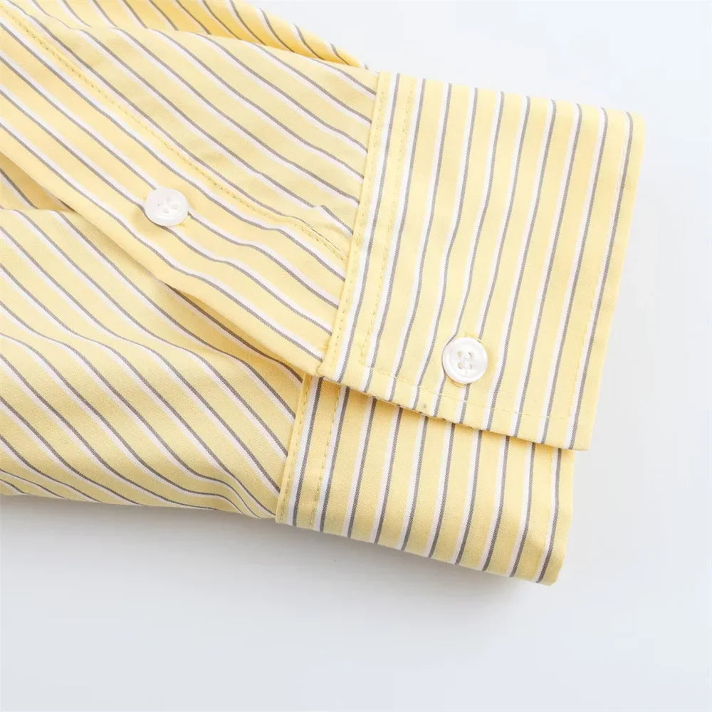 Women's Loose Poplin Shirt and High Waist Striped Pants Set for Spring