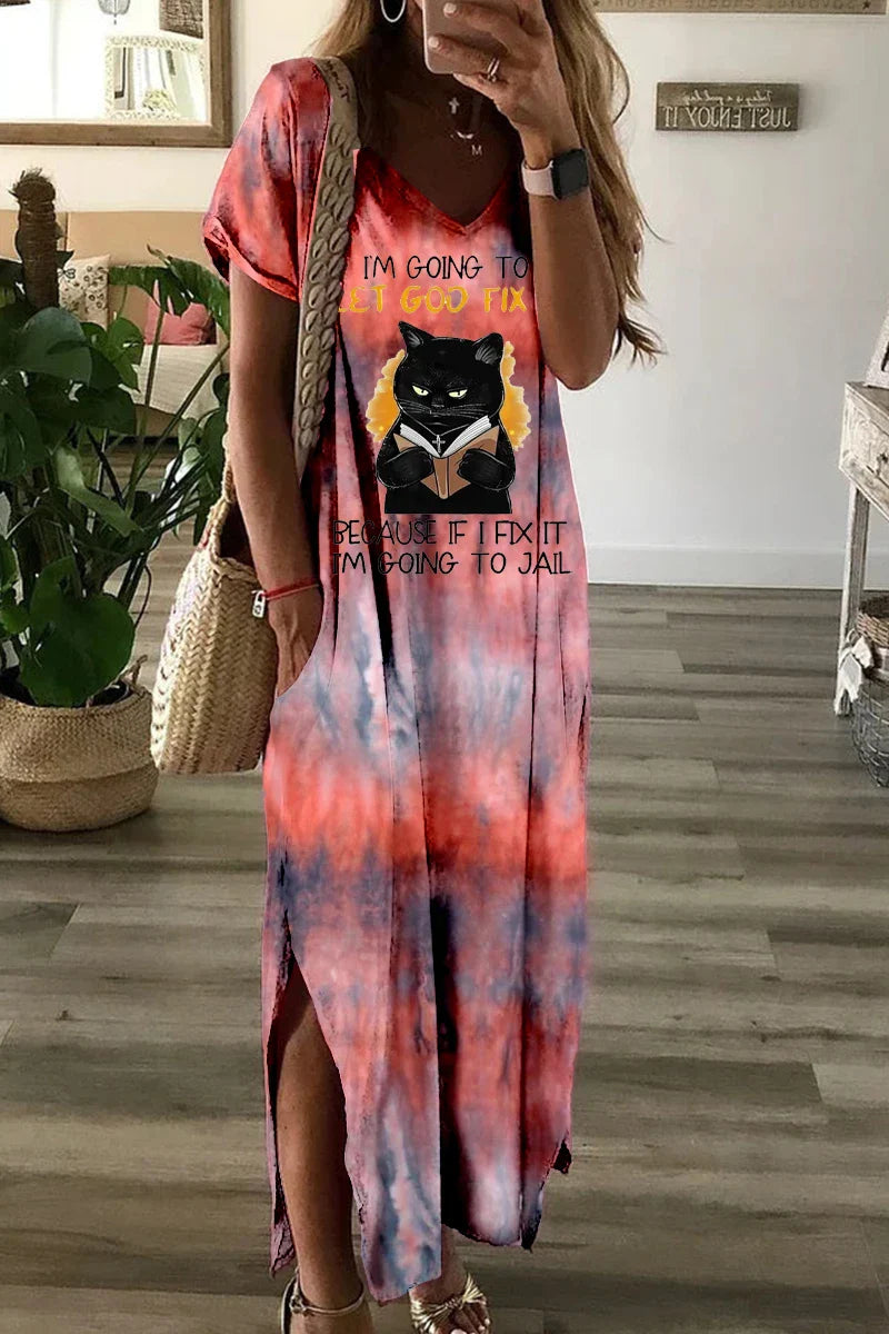 Cat Print Short Sleeve V Neck Swing Dress With Pockets