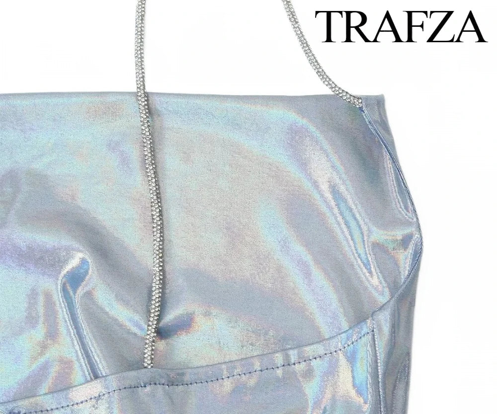 Metallic Glitter Backless Spaghetti Strap Dress For Party